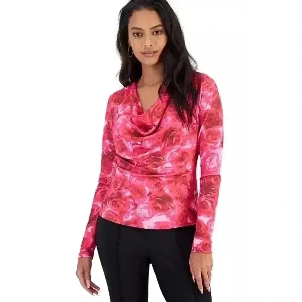 Bar III Women’s Printed Crepe Cowl-neck Top Riley Red Rose Size 0X